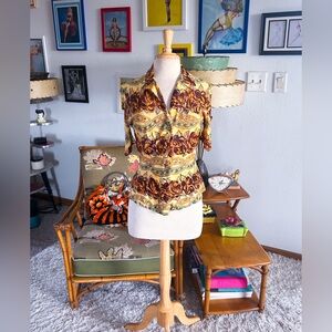 Vintage 1940s Blouse Gold Brown Floral Jersey Knit M L Pinup 40s Flaws